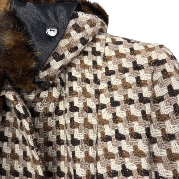 Vintage 90s Boho Wool Blend Coat Brown Cream Houndstooth Jacket Faux Fur Collar - Picture 5 of 11
